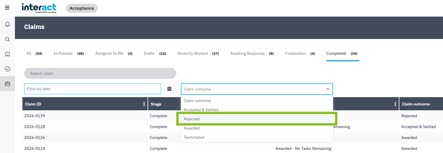 Filter by Outcome - Rejected
